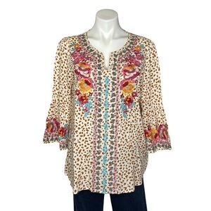 SAVANNA JANE Embroidered Blouse Floral Leopard Long Bell Sleeves Womens Medium